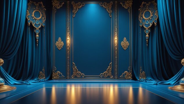 Cyan golden ceremony award stage venue background.