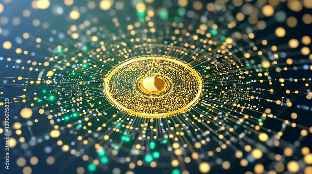 Poster futuristic golden circle technology core glowing lines and nodes artificial intelligence network