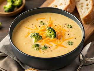 Creamy Broccoli Cheese Soup: A rustic wooden board hosts a bowl of creamy broccoli cheese soup, garnished with fresh broccoli florets, and shredded cheese. Accompanied by slices of artisan bread