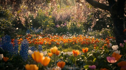 Vibrant Floral Garden with Sunlight Streaming Through Blooming Trees and Colorful Flower Beds in Springtime Serenity