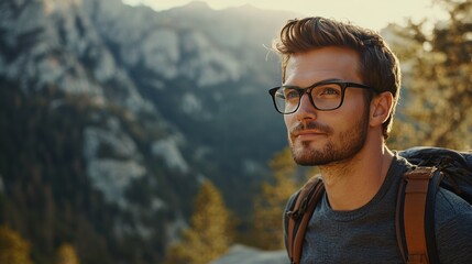 Myopia prevention with a man wearing glasses hiking in the forest. Hiking sticks, trees, moss