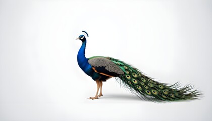 Naklejka premium A peacock, positioned in the center-left of the image, is displayed against a plain white background. The peacock is shown in a three-quarter view, 