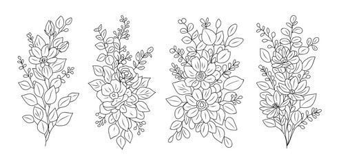 Wildflower line art bouquets set. Hand drawn flowers, meadow herbs, wild plants, botanical elements for arrangements, invitation, greeting cards, wall art, logo, tattoo design. Vector illustration.