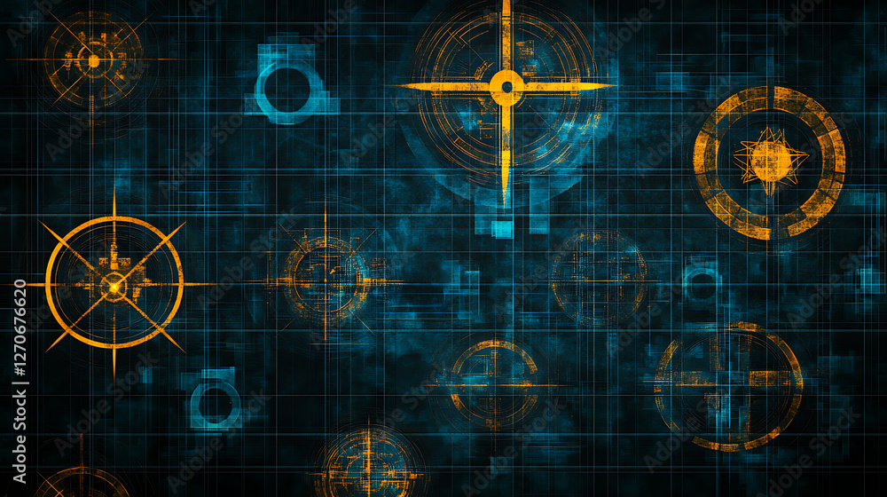 Poster futuristic grid network with navigation target and geometric elements overlaid on abstract texture