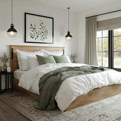 Design a bright and cozy modern farmhouse master bedroom with white walls. The bed features The Driftless Platform Bed Frame with an extra-wide headboard, a minimal wooden design that stretches beyond