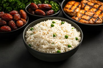 Delicious Middle Eastern feast featuring fragrant rice, grilled