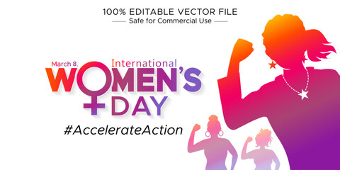 Happy International Women's Day card design. Woman Sign, Logo illustration with Women of different ethnicities are standing together. 2025 campaign theme - #AccelerateAction