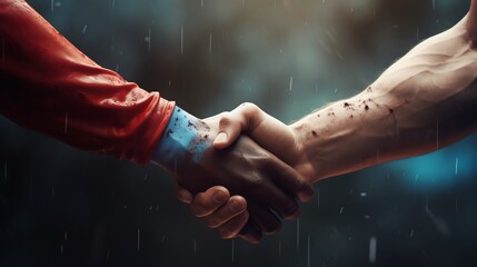 Two athletes shaking hands in solidarity