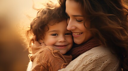 Warm embrace between mother and child in sunlight.