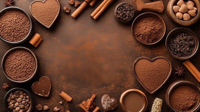 top view frame composition of chocolate, cocoa powder, cinnamon sticks, chocolate chips, and heart shapes creating copy space on a dark rustic background