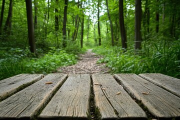 Fototapeta premium Wooden path leads to forest trail