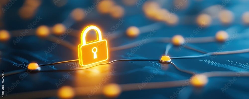 Aufkleber a glowing lock icon symbolizes cybersecurity and data protection amidst a network of interconnected 