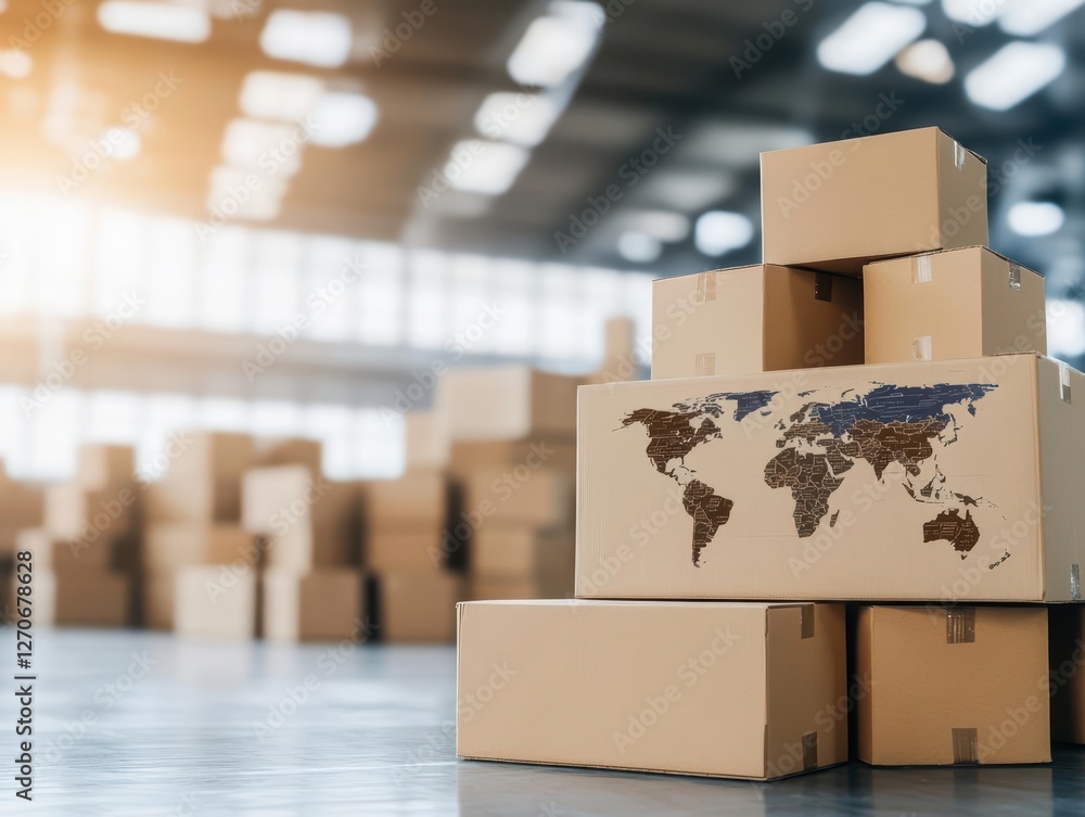 Aufkleber stack of cardboard boxes featuring vintage world map on top creating an adventurous and travel inspi