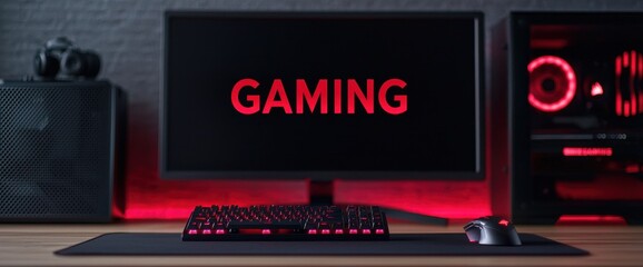 Modern Gaming Setup with Red Backlighting and Sleek Design Elements
