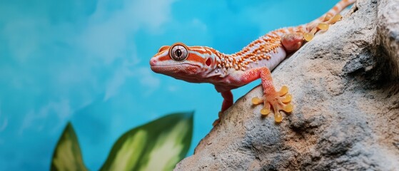 Fototapeta premium Colorful Gecko Lizard Resting on Rock Against Vibrant Background