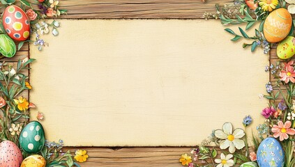 Blank Easter-themed design, eggs and flowers on wood, craft-inspired.