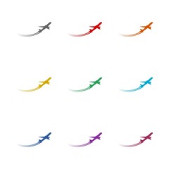 Fly travel takeoff silhouette icon isolated on white background. Set icons colorful