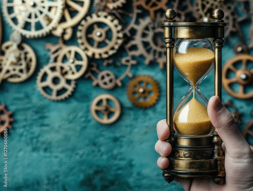 Poster a person holding an hourglass symbolizing the passage of time in a contemplative setting with soft l