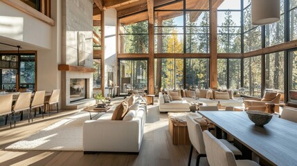 Luxury Mountain Home Interior Design: Modern Cabin Living Room with Forest Views