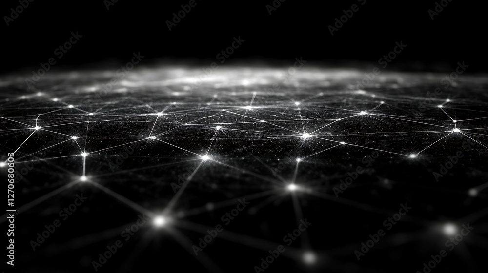 Poster futuristic network connection nodes data visualization in white on black background rendering