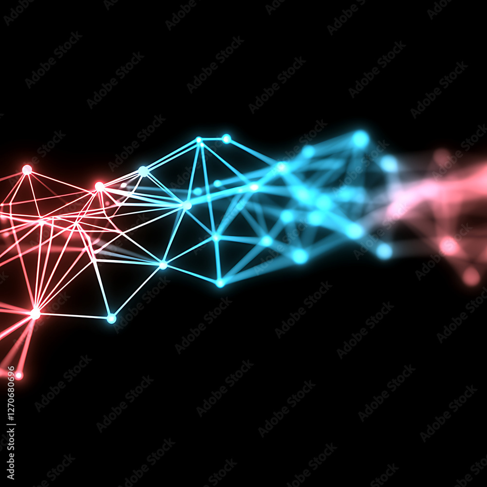 Poster futuristic network of interconnected data points red and blue gradient glow against dark backdrop
