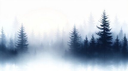 Fototapeta premium Misty forest landscape with dark silhouettes of pine trees