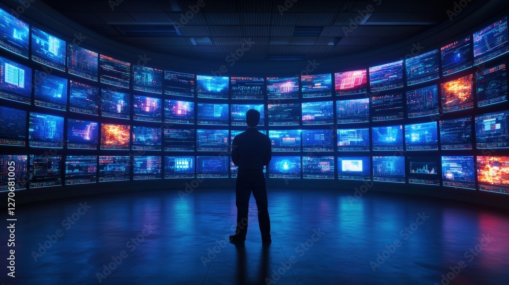 Poster a silhouette of a person stands before a wall of screens displaying vibrant data visuals in a high-t
