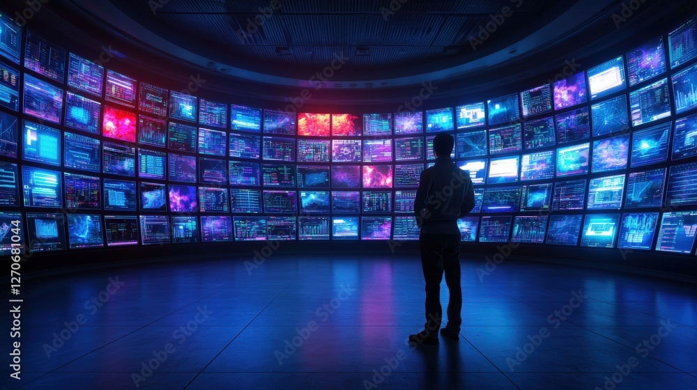 Poster a silhouetted figure stands in a room surrounded by numerous screens displaying vibrant digital data