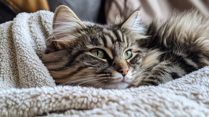 furry companion, feline friend, rests comfortably on soft blanket, showcasing its beautiful green eyes and fluffy fur. serene atmosphere evokes sense of warmth and tranquility