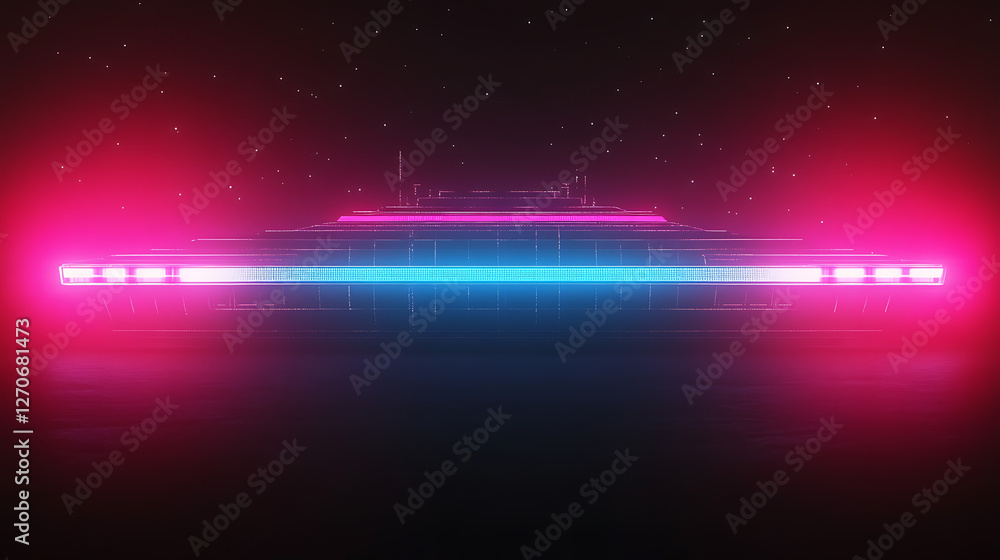 Poster futuristic platform interface with neon lights reflecting on dark surface space cyberpunk design