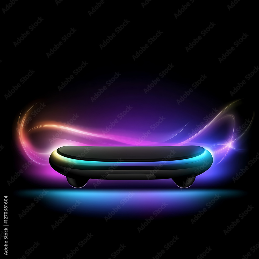 Poster futuristic platform with glowing edges and colorful abstract light swirls against a black backdrop