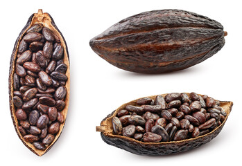 Cocoa pod, fresh cocoa fruit with clipping path. Cocoa beans isolated on white background