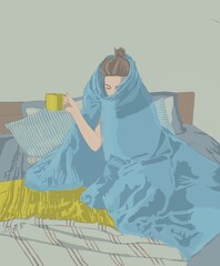 tired and weak woman in the bed with cup of medicine in the hand