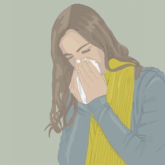 single sick woman coughing on green background