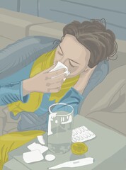 seal woman inn sofa with glass of water on the table near