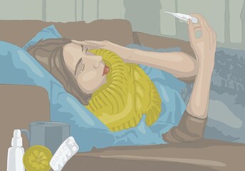 seak woman sleeping on sofa checking body temperature