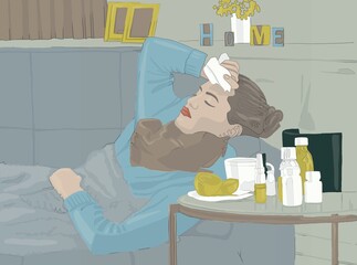 seal woman laying on sofa with pills and medication one the table near 