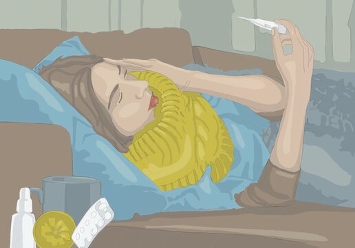 seak woman sleeping on sofa checking body temperature