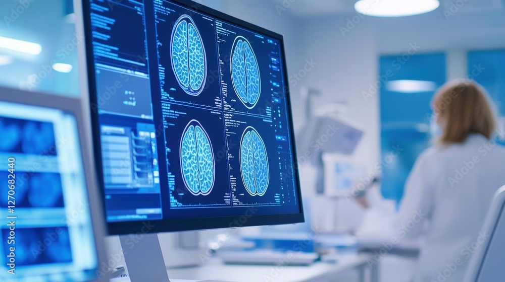 Poster a medical professional analyzes brain scans on a computer monitor in a modern lab setting, highlight