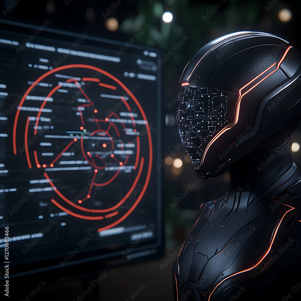 Poster futuristic robot analyzing interface with glowing red and white data on dark screen night vision