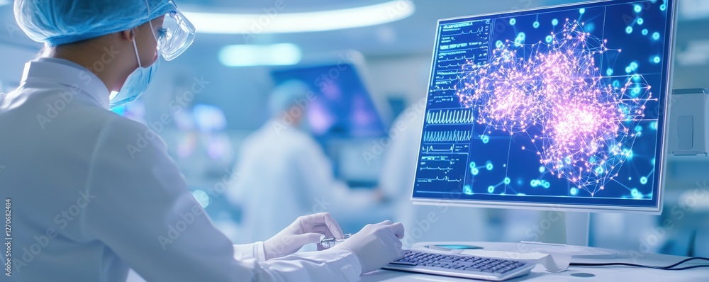 Poster a scientist analyzes data on a computer screen, showcasing vibrant visualizations in a modern lab en