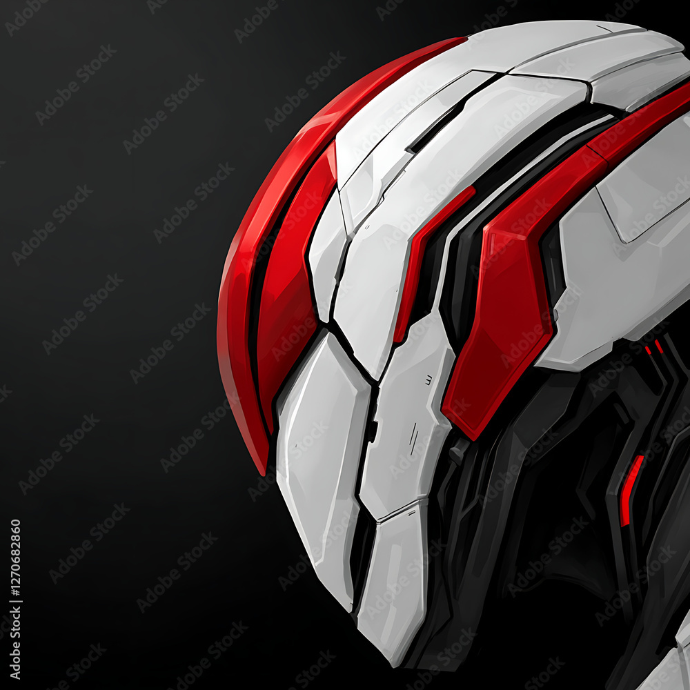 Poster futuristic robotic head in white and red with sleek design elements and tech detailing on black back