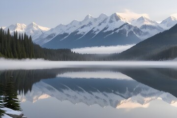 Fototapeta premium A tranquil alpine lake surrounded by snow-capped mountains. Morning fog hovers above the water, reflecting the serene, icy landscape