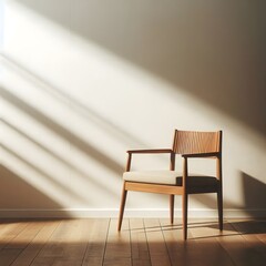 A solitary chair facing a wall, bathed in soft sunlight that filters through, creating a serene atmosphere.