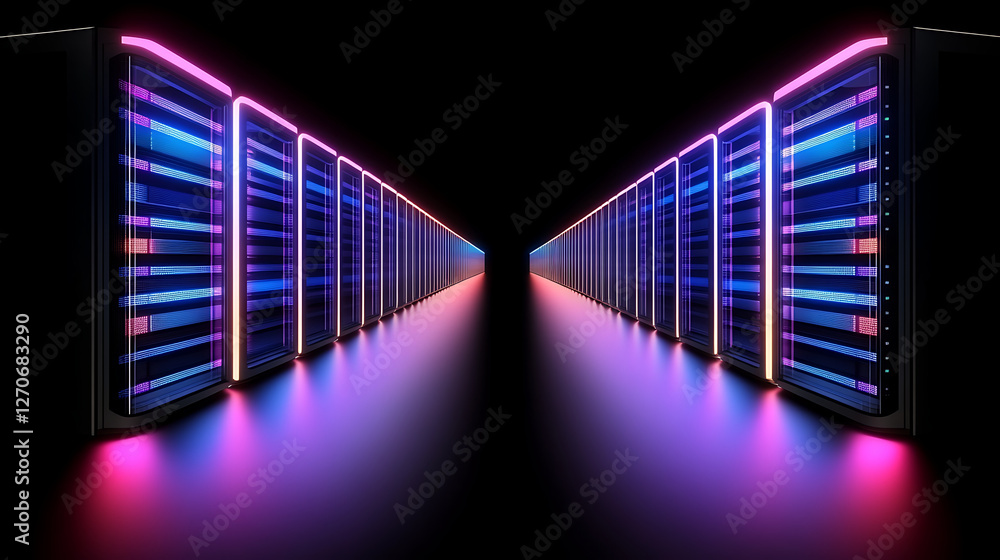 Poster futuristic server room with neon lights and data storage units, digital realm data center display