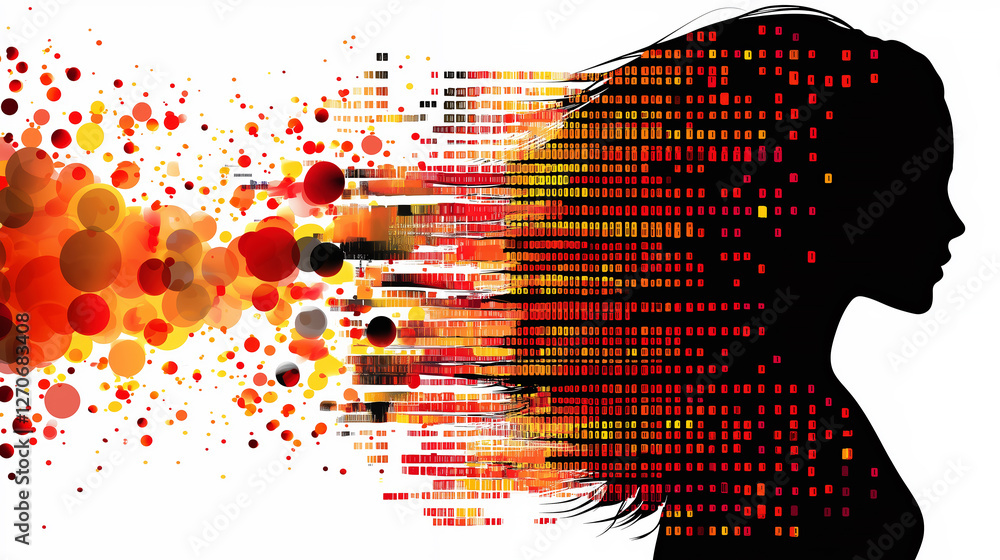 Poster silhouette of a woman dissolving into digital particles and abstract data elements in warm red and o