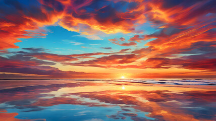 Fototapeta premium A breathtaking sunset over a calm ocean, with vibrant pink and orange hues painting the sky and reflecting on the water.