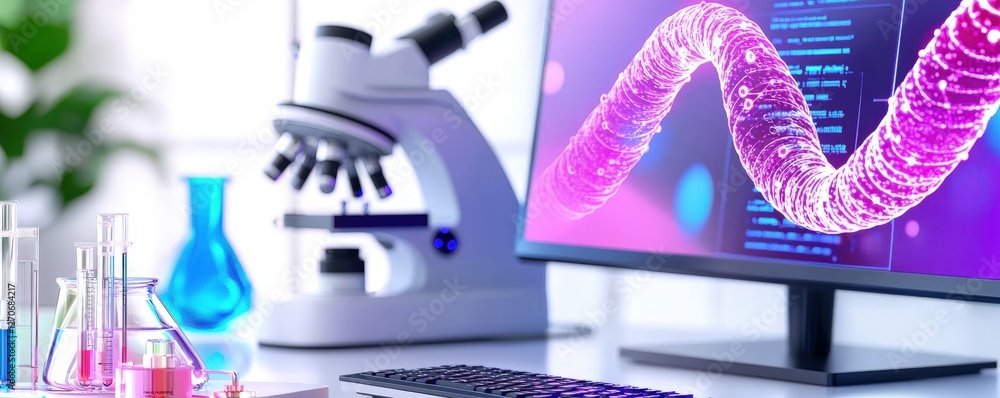 Poster a modern laboratory setup featuring a microscope, colorful test tubes, and a computer screen display