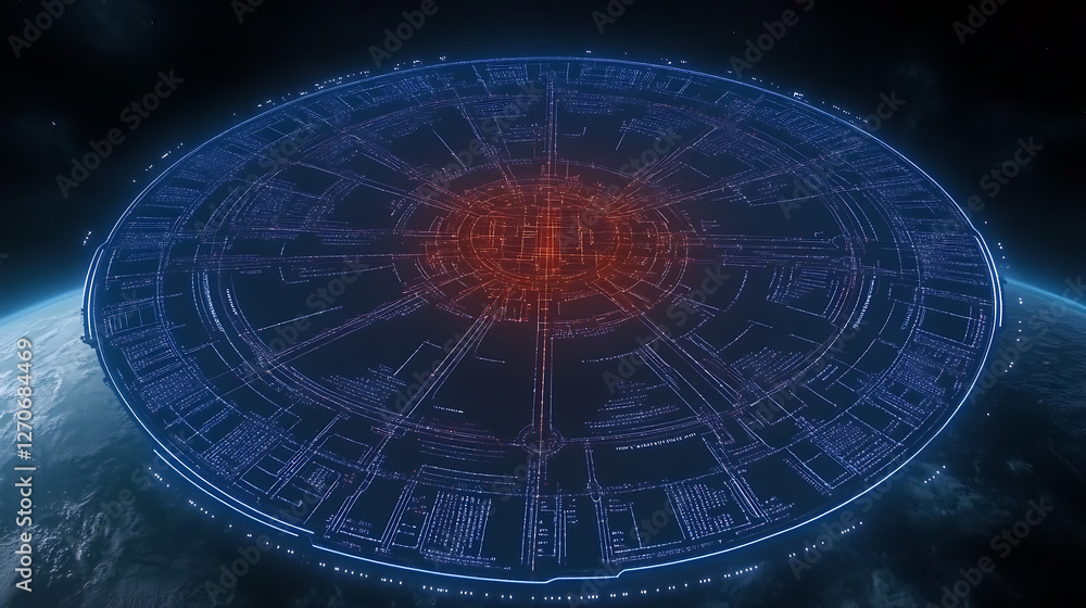 Poster futuristic space station orbiting a planet with intricate holographic display on surface 99