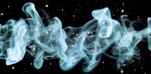 Obraz premium Ethereal blue smoke with glowing particles floating in space, set against a dark cosmic background. Abstract concept of energy and mystery